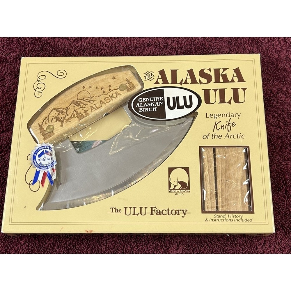 NIB 1993 ULU Factory Genuine Alaska Birch ULU Knife & Hickory Stand w/ Booklet